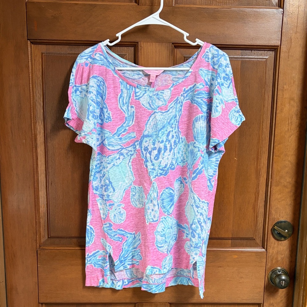 Lilly Pulitzer Mikela Pink Pout Barefoot Princess Linen Shirt Size Large